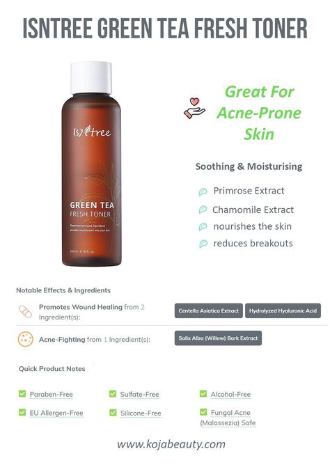 ISNTREE Green Tea Fresh Toner is perfect for sensitive and acneic skin. It's packed with antioxidants and anti-inflammatory ingredients to soothe the skin and improve the texture.  #kbeauty #koreanskincare #isntree #beauty #skincare #crueltyfree #acne Green Tea Fresh Toner, Toner For Oily Skin, Fresh Toner, Fresh Skincare, Rooibos Tea, Korean Products, Jeju Island, Beauty Regimen, Skin Glow