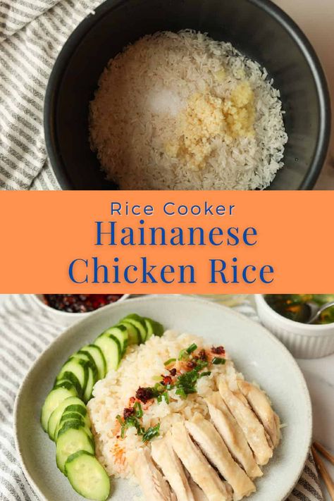 This one pot Hainan chicken and rice meal is made by cooking chicken and rice in a flavorful broth with the ease and convenience of a rice cooker. The result is tender and juicy chicken with flavorful rice that is infused with ginger, garlic, and other aromatics. Learn how to make this easy recipe on www.apeachyplate.com Hanan Chicken Rice, Hainan Chicken Instant Pot, Easy Hainanese Chicken Rice, Hainanese Chicken Rice In Rice Cooker, Hainan Chicken Rice Recipe, One Pot Hainanese Chicken Rice, Chicken And Rice In Rice Cooker, Hainanese Chicken Rice Cooker, Hainese Chicken Rice Cooker