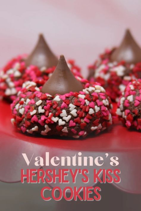 Valentine's Hersey's Kiss Cookies - Gather Lemons Hersey Kiss Cookies, Hershey Kiss Valentine, Kiss Cookie, Hersey Kisses, Hershey Kiss Cookies, Kiss Cookies, Heart Sprinkles, Hershey Kiss, Valentine Desserts