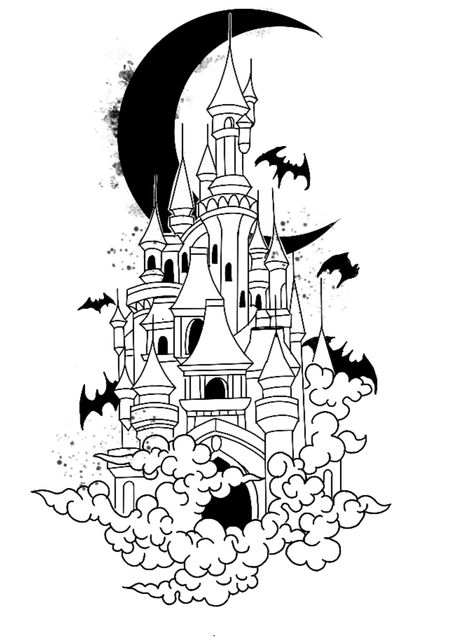 Halloween Disney Castle Tattoo, Gothic Castle Drawing, Castle Drawing Easy, Disney Castle Tattoo, Portfolio Drawings, Castle Sketch, Castle Coloring Page, Castle Tattoo, Castle Drawing