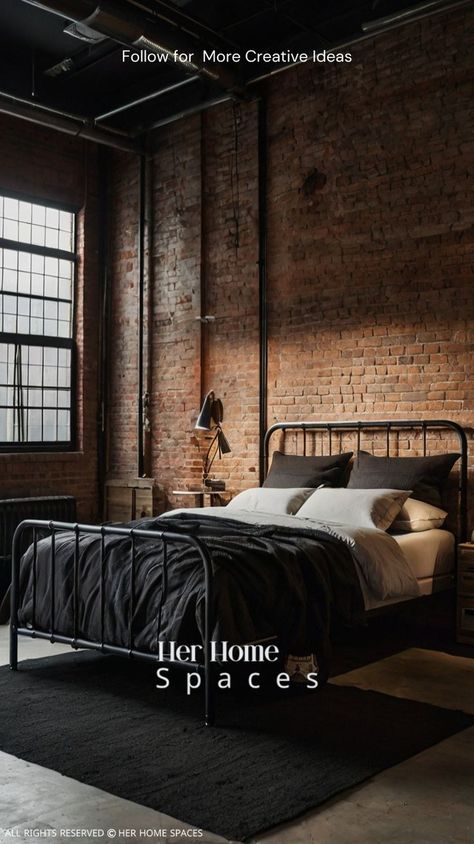 Exposed brick walls, metal bed frame, and dark bedding with leather accents. Exposed Brick Walls Bedroom, Industrial Bedroom Ideas, Textured Comforter, Brick Wall Bedroom, Urban Industrial Design, Luxurious Bedding, New Bedding, Industrial Bedroom, Exposed Brick Walls