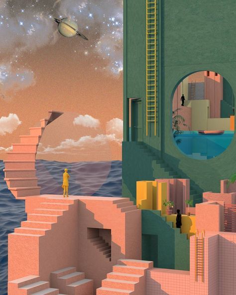 Surreal Illustrations Pushing The Boundaries Of Spatial Design – Fubiz Media Tishk Barzanji, Spatial Design, Architecture Collage, Architecture Illustration, Retro Futurism, On The Edge, Surreal Art, Architecture Art, The Edge