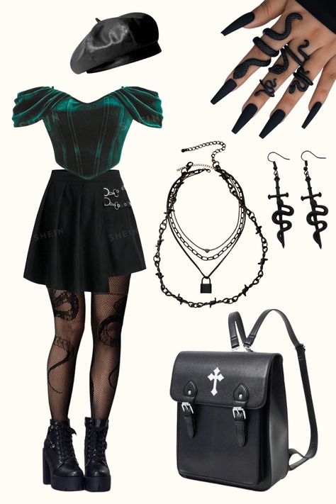 🐍 Snake Green Outfit Aesthetic, Green Outfit, Snake Fashion, Snake Aesthetic, Green Aesthetic, Goth Outfit, Black Aesthetic, Slytherin Aesthetic, Slytherin Outfit, Harry Potter. Edgy Slytherin Outfit, Aesthetic Slytherin Outfit, Green Goth Outfit, Slytherin Outfits Aesthetic, Slytherin Girl Outfit, Slytherin Aesthetic Fashion, Cute Slytherin Outfits, Slytherin Aesthetic Outfit, Outfit Harry Potter