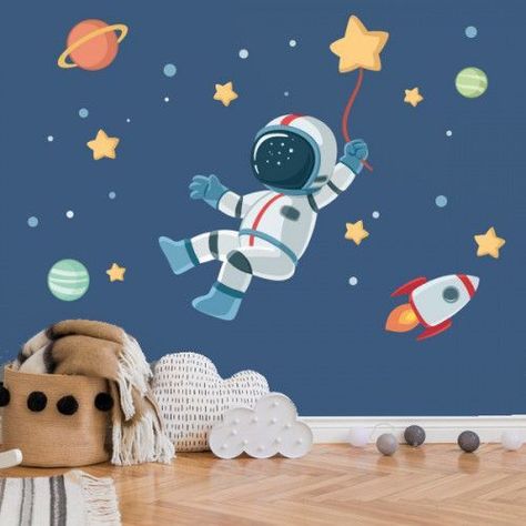 Space Wall Painting, Boys Space Bedroom, Childrens Wall Decals, Kids Room Deco, Space Themed Bedroom, Space Themed Nursery, School Wall Art, Room Wall Painting, Baby Boy Room Decor