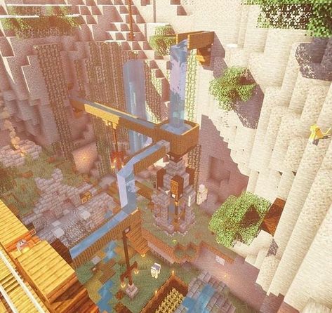 Ravine Design Minecraft, Minecraft Ravine Base Ideas, Minecraft Building Ideas Ravine, Minecraft House Over Ravine, Ravine Build Minecraft, Efficient Minecraft Farm, Ravine Minecraft Ideas, Hill Base Minecraft, Minecraft Ravine Build