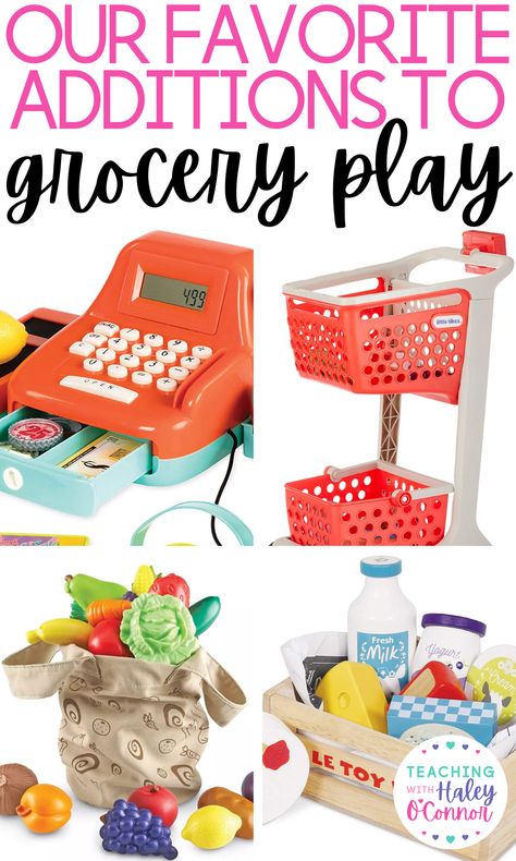 Do you have a grocery store dramatic play center in your preschool classroom? Or maybe you have a grocery store area set up in your home. Either way, you are going to want to check-out this post where I share a huge list of grocery store must-haves. To help your students and children learn through play, you are going to want to stock your pretend grocery store with shopping carts, play food, kids play registers and more. Find the full list of what to add to your grocery store dramatic play! Diy Play Grocery Store, Vet Clinic Dramatic Play, Clinic Dramatic Play, Store Dramatic Play, Kids Grocery Store, Pretend Grocery Store, Grocery Store Dramatic Play, Play Grocery Store, Dramatic Play Center