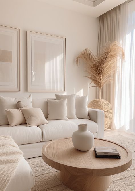 Clean Chic Home Decor, Cream Aesthetic Home Decor, Asthmatic Living Room, Wooden And White Living Room, Neutral White Living Room, White Beige Living Room Modern, Minimalist Luxury Home, Cream House Decor, Living Room White And Beige