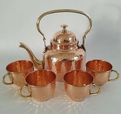 (eBay) 4 Copper Coffee Tea Cups With Kettle Pot Brass Handle For Cooking & Serving Set Copper Drinkware, Chinese Tea Pot, Gifts Sets, Copper Water Bottle, Copper Tea Kettle, Copper Utensils, Copper Gifts, Unique Tea, Coffee Cup Set