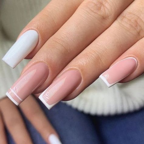 French Line Design Nails, French Coffin Shape Nails, White French Tip Nails Coffin Design, White Tips Coffin Shape, Creative White French Tip Nails, Modern French Tip Nails Coffin, Nails With White Lines On Tip, Glitter With French Tip, One Side French Nails