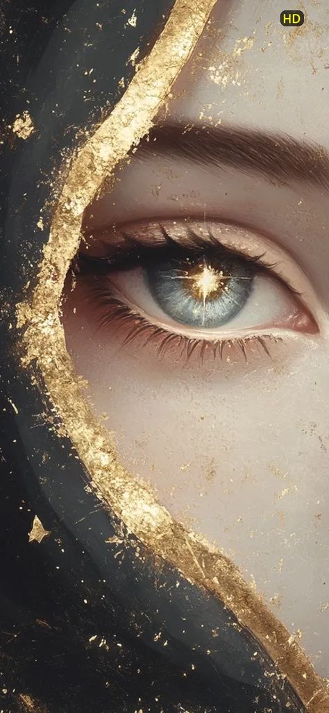 ↑↑ HD version on website. Close-up of a stylized eye, the iris a captivating blue with a central golden light.  The eye is partially obscured by a dark, textured background accented with streaks of gold leaf, creating a dramatic and ethereal effect. The overall aesthetic is luxurious and mystical, suggestive of a celestial or divine being.  The image is highly detailed, emphasizing the texture and depth of both the eye and the background.wallpaper.webp Visual Composition, Divine Being, Golden Light, Art Creativity, Golden Lights, Background Wallpaper, Gold Leaf, Textured Background, The Eye