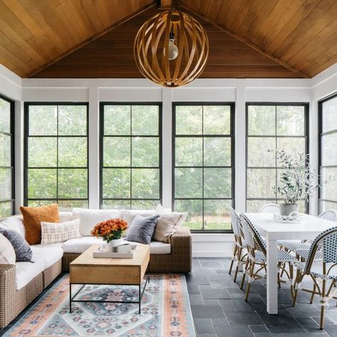 75 Sunroom Ideas You'll Love - October, 2024 | Houzz Four Seasons Room Exterior, Back Patio Sunroom, Cozy Four Seasons Room, Attached Sunroom Ideas, Florida Room Addition, Sunroom Tv Room Ideas, All Season Room Addition, Sun Room Design, Sunroom Conversion