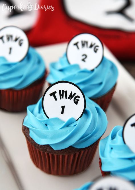 Thing One and Thing Two Cupcakes Dr Seuss Treats, Dr Seuss Cupcakes, Seuss Cupcakes, Two Cupcakes, Thing One And Thing Two, Buttermilk Chocolate Cake, Cake Mix Cupcakes, Cupcake Diaries, Printable Cupcake Toppers