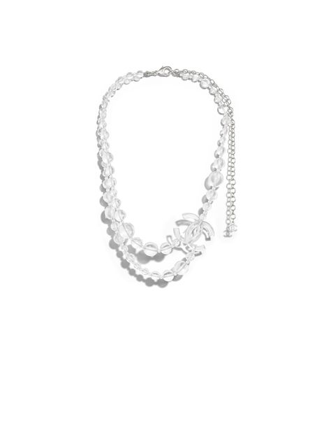 Necklace, metal, glass pearls & resin-silver & transparent - CHANEL Silver Chanel Necklace, Transparent Necklace, Silver Necklace Outfit, Channel Jewelry, Chanel Jewelry Necklace, Charm Choker Necklace, Chanel Necklace, Chanel Official, Chanel Official Website