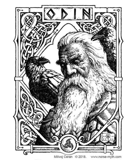 Milivoj Ceran on Instagram: “Finished "Odin" Norse Mythology b/w Kickstarter commission. © Milivoj Ćeran 2018. - 11x8 inches - archival ink on paper I had lot of fun…” Odin Drawing Norse Mythology, Odin Norse Mythology Art, Mjolnir Tattoo Norse Mythology, Milivoj Ceran, Odin Allfather, Viking Drawings, Odin Norse Mythology, Norse Art, Norse Mythology Tattoo