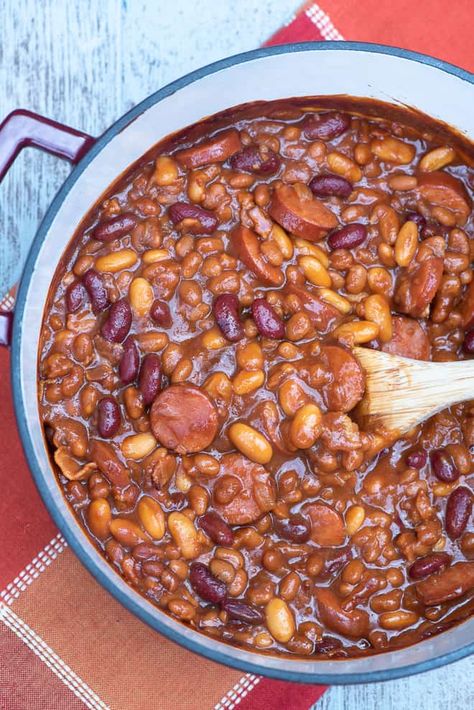 These Kielbasa Baked Beans make for a hearty and flavorful summer side dish or spoon them over rice for an easy, satisfying meal. #bakedbeans #easybeans #kielbasabeans #kielbasa #summerrecipes #potluckrecipes Kielbasa And Beans, Kielbasa Sausage Recipes, Sausage Dinners, Batter Bread, Baked Beans From Scratch, Calico Beans, Canned Baked Beans, Baked Beans With Bacon, Bbq Baked Beans