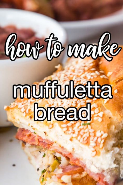 Muffuletta Bread Loaves - True muffuletta sandwiches require a special bread that you often can't find outside NOLA. Make your own with this authentic recipe. | CDKitchen.com Muffaletta Bread Recipe, Muffaletta Sandwich Bread Recipe, Mini Muffuletta Sandwiches, Muffuletta Bread Recipe, Mufelleta Sandwich Recipe, Traditional Muffaletta Sandwich, Muffelata Sandwich Recipe, Muffaletta Bread, Muffuletta Panzanella