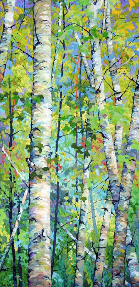 Spring Birches l - 24" x 48" 자작나무 그림, Birch Tree Art, Birch Tree Painting, Jackson Wyoming, Tree Paintings, Landscape Quilts, Aspen Trees, 수채화 그림, Spring Painting