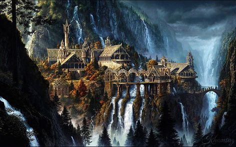 Rivendell, The Lord of the Rings, fantasy art, waterfall, artwork HD wallpaper Rivendell Art, Tolkien Art, Diamond Drawing, Fantasy Castle, Diamond Embroidery, Diamond Mosaic, Legolas, A Castle, 판타지 아트