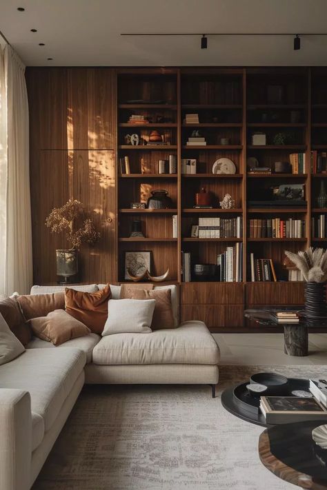 Dark Wood Modern Interior, Masculine Scandinavian Interior, Dark Wood Room, Dark Wood Interior, Moody Neutral, Kolam Air, Cozy Bedroom Decor, Cosy Living, Neutral Living Room