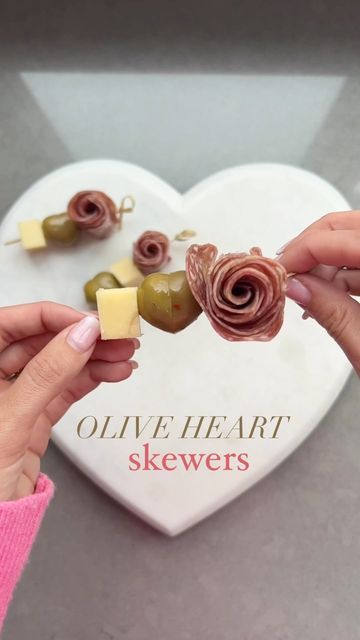 Mini Charcuterie Board Valentines, Heart Shaped Bruschetta, Valentine’s Day Kabobs, Meat And Cheese Board Valentines, Tomato Mozzarella Skewers, Valentine’s Day Skewers, Salami Appetizer, Cheese Boutique, Olive Appetizer