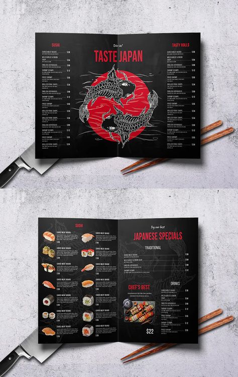 Japanese Bifold Menu Design PSD - A4 & US Letter Asian Restaurant Menu Design, Japanese Menu Design, Japanese Restaurant Menu, Menu Sushi, Menu Board Design, Sushi Menu, Japanese Menu, Menu Layout, Food Menu Template