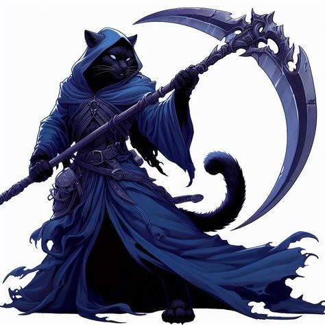 Scythe Wielding Black Cat Fighter in Blue Robes Cool Scythe, Moon Scythe, Fantasy Scythe, Fantasy Warrior, Art Reference Poses, Artifacts, Sailor Moon, Black Cat, Art Reference