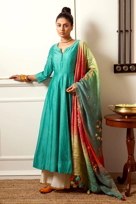 Buy Loka by Veerali Raveshia Green Chanderi Silk Kalidar Kurta Set Online | Aza Fashions Latest Dress Design, Green Mirror, Salwar Designs, Sharara Set, Green Sequins, Indian Fashion Designers, Silk Dupatta, Indian Outfit, Kurta Set