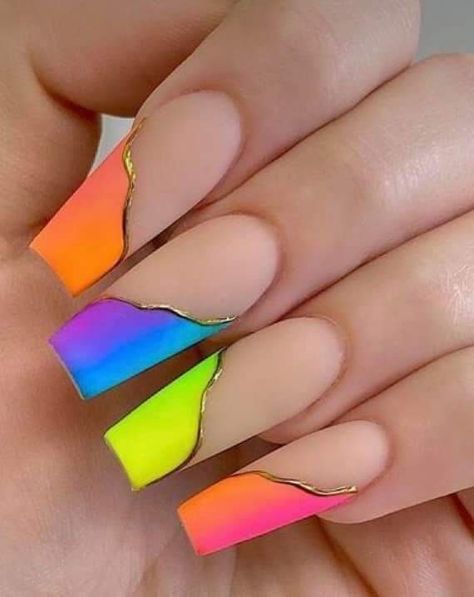 Gemini Nails, Ombre Nail Design, Pride Nails, Neon Acrylic Nails, White And Silver Nails, White Glitter Nails, Colorful Nail, Homecoming Nails Acrylic, Coffin Press On Nails