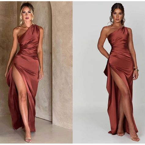 Rust Maxi Dress, House Of Cb Dresses, Elegant Drapes, Wedding 2024, House Of Cb, Stretch Satin, Shoulder Design, Thigh High, Thigh Highs