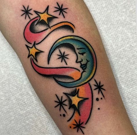 American Traditional Zodiac Tattoo, Traditional Full Moon Tattoo, American Traditional Tattoos Moon, Traditional Tattoo Clouds, Traditional Space Tattoo, Space Tattoos, Traditional Tattoo Flash Art, Full Moon Tattoo, Celestial Tattoo