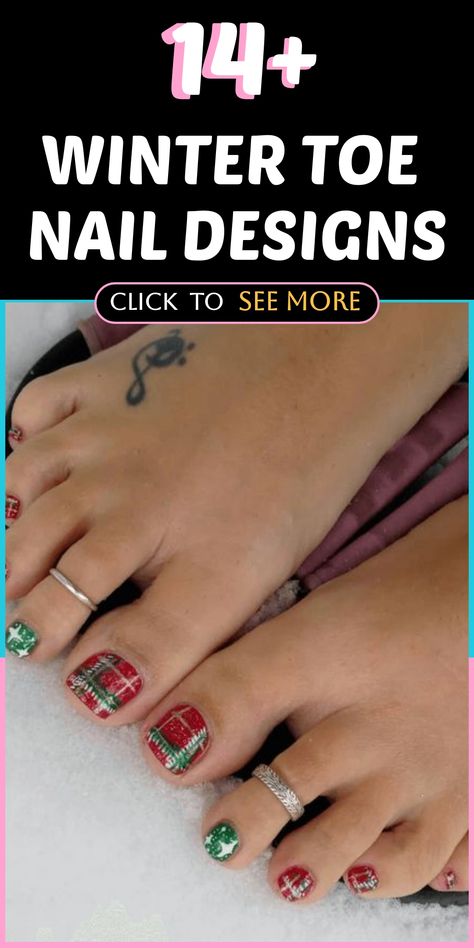 Enhance your winter style with gorgeous toenail designs that add a touch of cheer to your look. No matter if you're cozy indoors or out playing in the snow, these wintry designs will keep your toes trendy and warm. Embrace the season confidently by showing off your fashionable winter pedicure! Let your toes sparkle this season with festive nail art that will surely make a statement wherever you go. Candy Cane Toe Nail Designs, Trendy Pedicure 2024, Green Christmas Toe Nails, Christmas Toes Designs, Toe Nails Christmas, Red Toenail Designs, Christmas Toenail Designs, Christmas Toe Nail Designs Toenails, Holiday Toe Nails Christmas