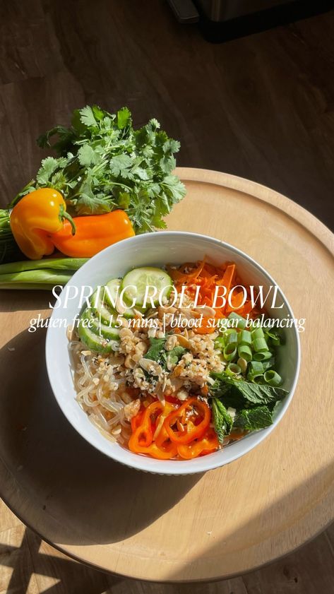 Deconstructed chicken spring roll bowl🍛🥒🥕 This blood sugar balancing bowl is packed with protein + healthy fats + fiber + greens to keep… | Instagram Chicken Spring Roll Bowl, Spring Roll Bowl, Chicken Spring Roll, Spring Roll Bowls, Chicken Spring Rolls, Coconut Aminos, Spring Roll, Recipe Chicken, Chopped Garlic