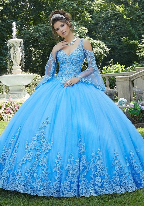 Lace Appliquéd and Sparkle Tulle Quinceañera Dress Ballgown Dresses, Charro Quinceanera Dresses, Quinceñera Dresses, Quinceanera Dresses Blue, Mode Kawaii, Pretty Quinceanera Dresses, Quince Dress, Quinceanera Dress, Mori Lee