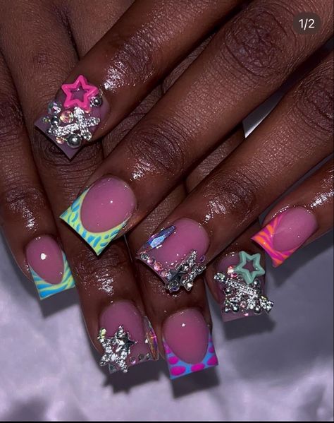 Short Bling Set Nails, Short Acrylic Nails Dramatic, Charmed Acrylic Nails, School Design Nails, Short French Tip Junk Nails, Cute Shorties Nails, Nails Acrylic Blue And Pink, Short Square Junk Nails, Short Acrylic Junk Nails