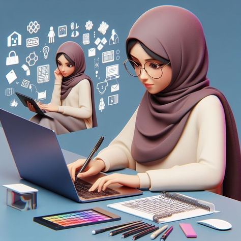 Online Work Dpz Girl, Girl Working In Office, Hijab Background, Business Dp, Muslim Girl Dp, Working In Office, Business Instagram Ideas, Working On Laptop, Hijab Drawing