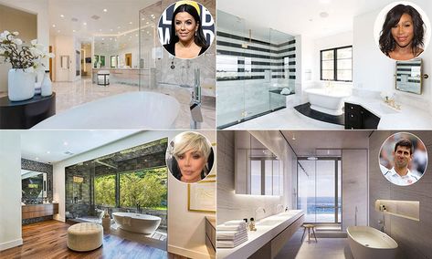 Celebrity bathrooms you'll love from James Corden, Jennifer Lopez and more Celebrity Bathrooms Master Bath, Wanaka House, Architectural Digest Kitchen, Bathtub Inspiration, Celebrity Bathrooms, Kris Jenner House, Vogue Williams, Kim Kardashian Kylie Jenner, Kardashian Kylie Jenner