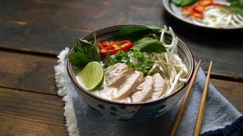 Recipe with video instructions: Despite being made in a slow cooker, this Vietnamese noodle soup will be done in no time. Ingredients: 1 star anise, 1 cinnamon stick, ½ tsp black peppercorns, 2 medium onions, whole, 2 oz ginger, whole, 2 boneless, skinless chicken breasts, 7 cups chicken stock, ½ tsp salt, ½ tsp rock sugar or brown sugar, 1 Tbsp fish sauce, Rice noodles, cooked, To garnish:, 2 green onions, chopped, Cilantro, chopped, 1–2 chilies, such as jalapeño, Serrano or Thai chili, slic... Making Pho, Pho At Home, Cheesecake French Toast, How To Make Pho, French Toast Muffins, Vietnamese Noodles, Rock Sugar, Soup Beans, Thai Chili