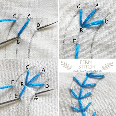 Step-by-step tutorial of Fern Stitch. Use this on floral and leaf hand embroidery patterns. An easy stitch for beginners.  Learn hand embroidery the easy way! Click for more information on this stitch Fern Stitch, Embroidery Stitches Beginner, Basic Hand Embroidery Stitches, Simple Embroidery Designs, Basic Embroidery Stitches, Hand Embroidery Tutorial, Embroidery Stitches Tutorial, Embroidery Patterns Vintage, Learn Embroidery