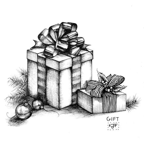 406 Likes, 4 Comments - Kristin Frost (@kristinjfrost) on Instagram: “Inktober Prompt 52: Gift. Merry Christmas to all, and to all a good night! 🎁 ✨ #inktober…” Christmas Present Drawing, Christmas Gift Drawing, Merry Christmas Drawing, Xmas Cards Design, Present Drawing, Christmas Sketch, Harry Potter Art Drawings, Drawing Christmas, Christmas Drawings