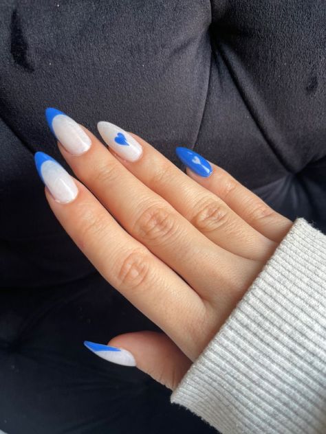 Blue valentines day nails Blue French Tip With Heart, Blue Valentines Day Nails, French Tip With Heart, Royal Blue Prom Nails, Futuristic Nails, Nails For Valentines Day, Nails For Valentines, Royal Blue Nails Designs, Nail Art Designs Short