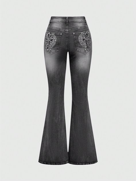 Subculture Rivet Cross Wings Embroidery Rhinestone Sexy Skinny Flare Pants Grey Casual   Denim Colorblock,All Over Print Flare Leg High Stretch  Women Clothing, size features are:Bust: ,Length: ,Sleeve Length: Y2k Jeans White Background, Flared Jeans With Rhinestones, Rhinestone Pants, Wings Embroidery, Rock Star Outfit, Things I Need To Buy, Cute Pants, Swaggy Outfits, Casual Suit