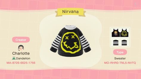 nirvana smiley face logo on a tee in acnh Acnh Cool Clothes, Acnh Grunge Outfits Codes, Animal Crossing Grunge Island, Animal Crossing Beanie Design, Grunge Animal Crossing Island, Grunge Acnh Clothes, Acnh Clothes Design Id Grunge, Animal Crossing Band Tee, Grunge Animal Crossing Outfits