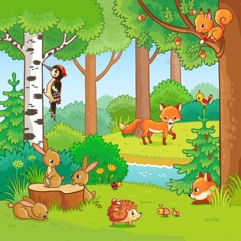 Animals in the Forest #Animals, #Forest Forest Animals Illustration, Animals In The Forest, Forest Vector, Forest Cartoon, Forest Clipart, Forest Drawing, Boy Coloring, Forest Illustration, Forest Pictures