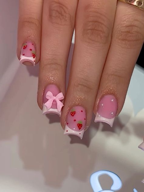 Short Betty Boop Nails, Short Nail Designs With Flowers, Short Duck Nails Hello Kitty, Short Nails Strawberry, Strawberry Nails Acrylic Short, Cute Girly Nail Designs, Strawberry Shortcake Inspired Nails, Short Girly Acrylic Nails, Strawberry Shortcake Nails Designs