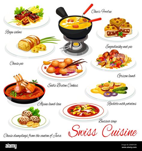 Download this stock vector: Swiss cuisine food dishes, traditional meals menu, vector Switzerland restaurant dinner and lunch. Swiss cheese fondue, ragu slami and Engadinsky nut - 2EMDY2W from Alamy's library of millions of high resolution stock photos, illustrations and vectors. Traditional Swiss Food, Food From Switzerland, Switzerland Themed Party, Swiss Food Traditional, Switzerland Food Traditional, Swiss Restaurant, Switzerland Cheese, Switzerland Food, Swiss Cheese Fondue