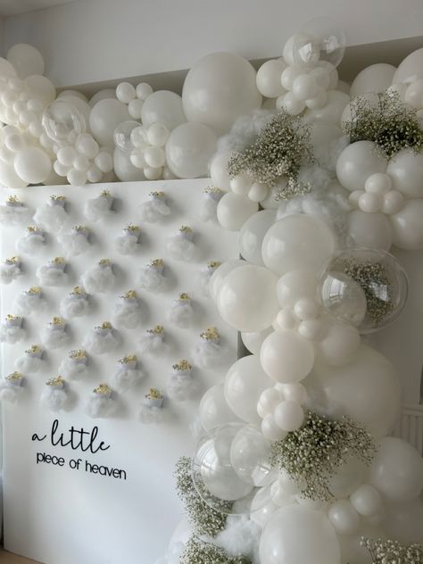 Cloud Theme Party Ideas, Clouds Table Decor, Heaven Sent Gender Reveal Ideas, Cloud 9 Party Ideas, She’s A Little Piece Of Heaven Baby Shower Theme, Cherub Baby Shower Theme, A Little Piece Of Heaven Gender Reveal, Heaven Sent Baby Shower Theme Decoration, All White Baby Shower Ideas