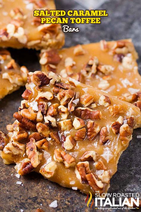 http://www.theslowroasteditalian.com/2017/12/salted-caramel-pecan-toffee-bars.html Pecan Toffee Bars, Toffee Bars Recipe, Pecan Toffee, Easy Toffee, Cracker Candy, Brittle Recipes, Toffee Recipe, The Slow Roasted Italian, Toffee Bars