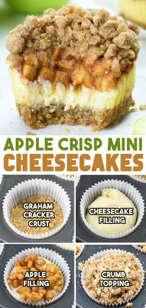 A collage showing a close-up of an Apple Crisp Mini Cheesecake with a crumbly topping, creamy cheesecake filling, and apple pieces, along with step-by-step images of the process: graham cracker crust, cheesecake filling, apple filling, and crumb topping. Fall Recipes Easy Desserts, Thanks Giving Deserts Easy, Apple Crisp Cheesecake Bites, Things To Make For Thanksgiving Dessert, Apple Crisp With Graham Cracker Crust, Apple Cheesecake Muffins, Mini Apple Crumble Cheesecake, Apple Desserts With Apple Pie Filling, Cheesecake Apple Crumble