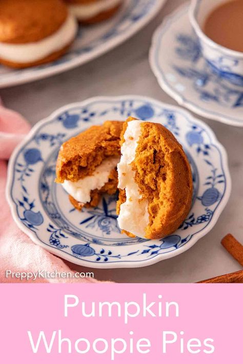 These homemade Pumpkin Whoopie Pies feature soft and moist pumpkin-flavored cookies sandwiched around a delicious and tangy cream cheese filling are the ultimate fall treats! These treats are so easy to make and are full of rich pumpkin flavors that they’re always a huge hit with everyone. Soften Brown Sugar, Pumpkin Whoopie Pies, Preppy Kitchen, Pumpkin Pie Filling, Perfect Pies, Whoopie Pies, Pumpkin Flavor, Homemade Pumpkin, Fall Treats