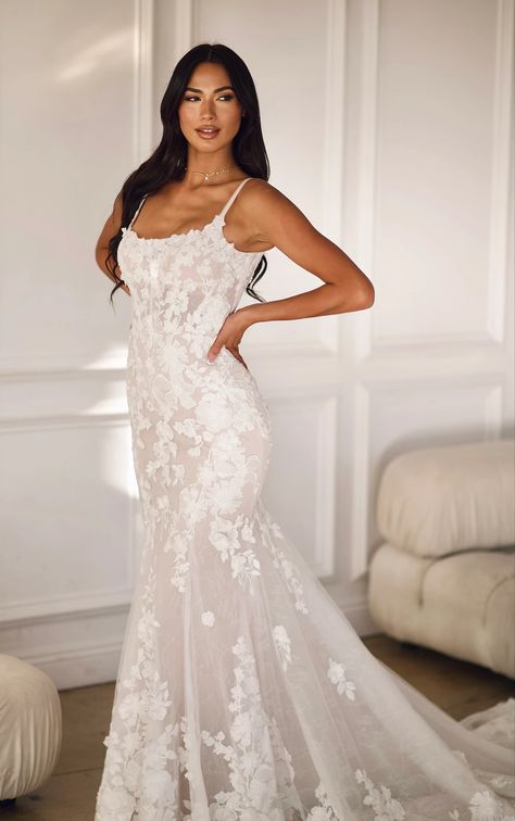 Elegant Lace Fit-and-Flare Bridal Gown with Delicate Spaghetti Straps - 1767 Martina Liana Wedding Dress, Carmel Indiana, Martina Liana, Blush Bridesmaid Dresses, Wedding Studio, Photos Inspo, Fit And Flare Wedding Dress, Wedding 2025, Romantic Lace